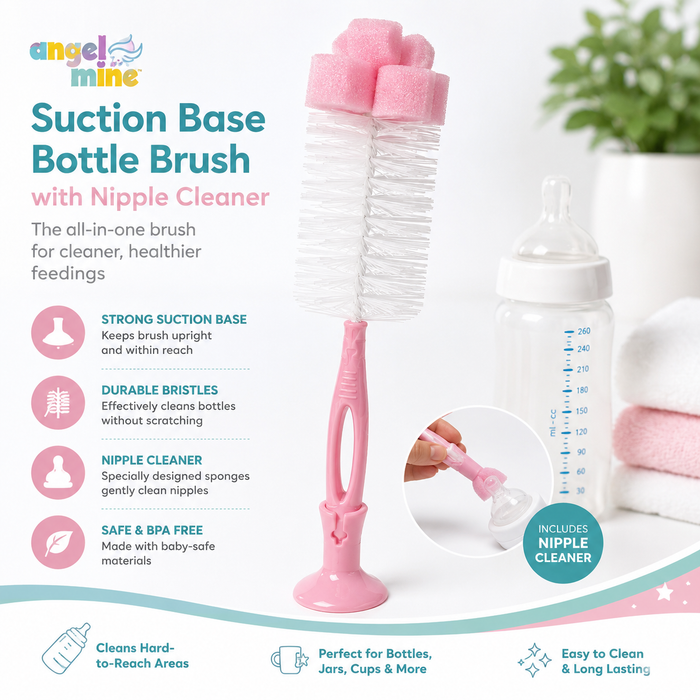 Angel Mine Baby Bottle Brush with Suction Base & Nipple Cleaner – Pink