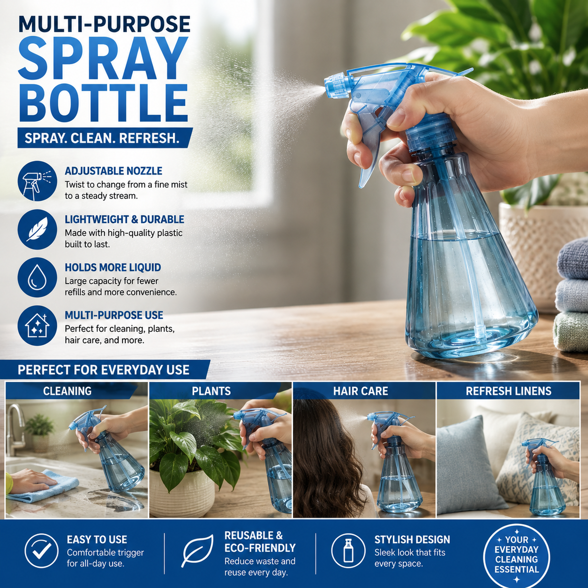 Reusable Multi-Purpose Spray Bottle with Adjustable Trigger Nozzle – Blue