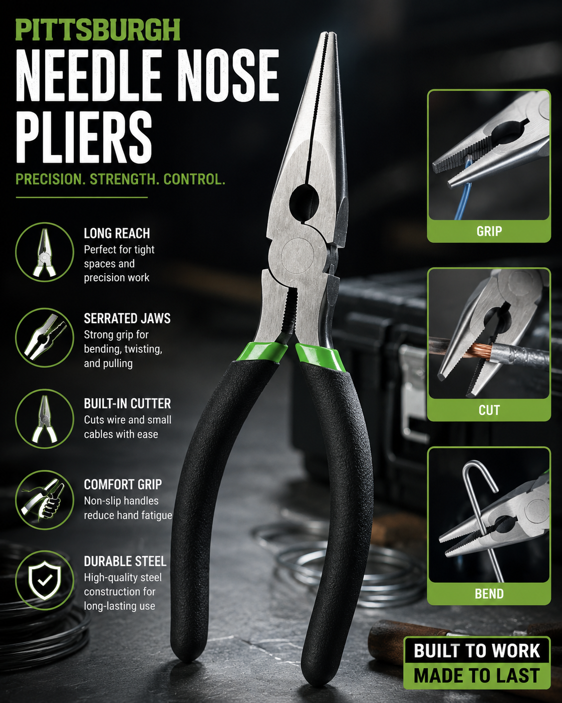 Pittsburgh 6" Needle Nose Pliers – Precision Long Reach Grip Tool for Bending, Cutting & Tight Spaces