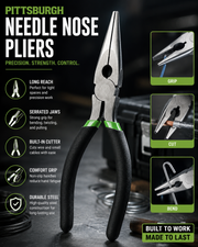 Pittsburgh 6" Needle Nose Pliers – Precision Long Reach Grip Tool for Bending, Cutting & Tight Spaces