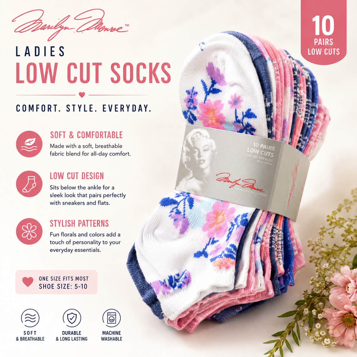 Marilyn Monroe Women’s Low Cut Socks – 10 Pair Assorted Pack