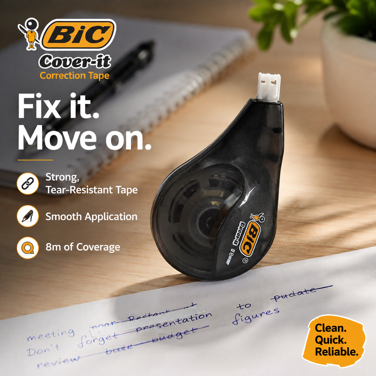 BIC Cover-it Correction Tape – Strong Tear-Resistant White-Out Tape, 8m