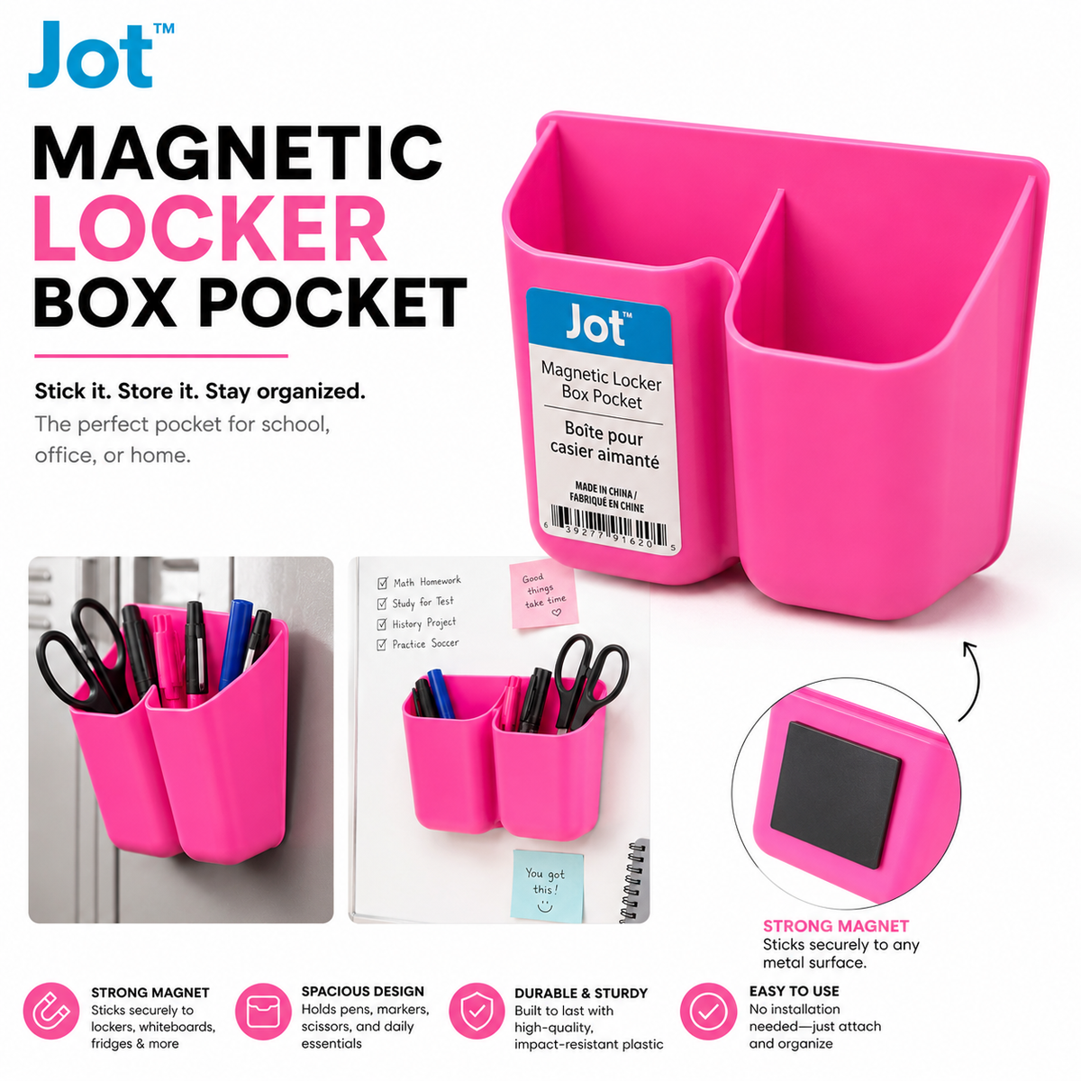 Jot Magnetic Locker Box Pocket – Pink 2-Compartment Organizer