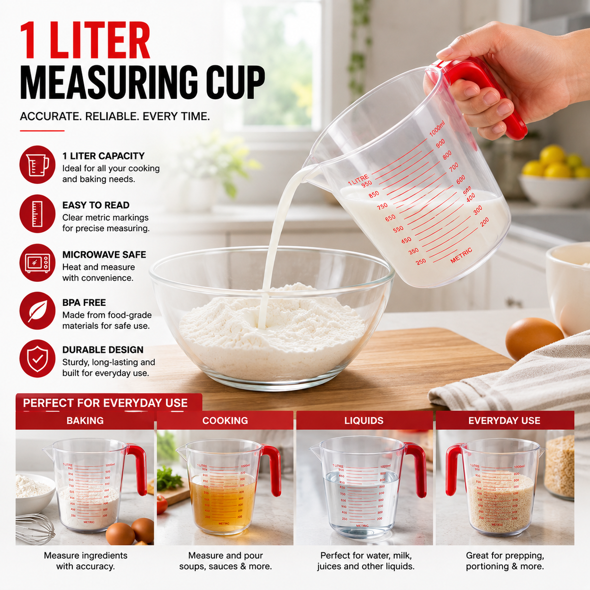 1 Liter Clear Measuring Cup with Red Handle & Metric Markings