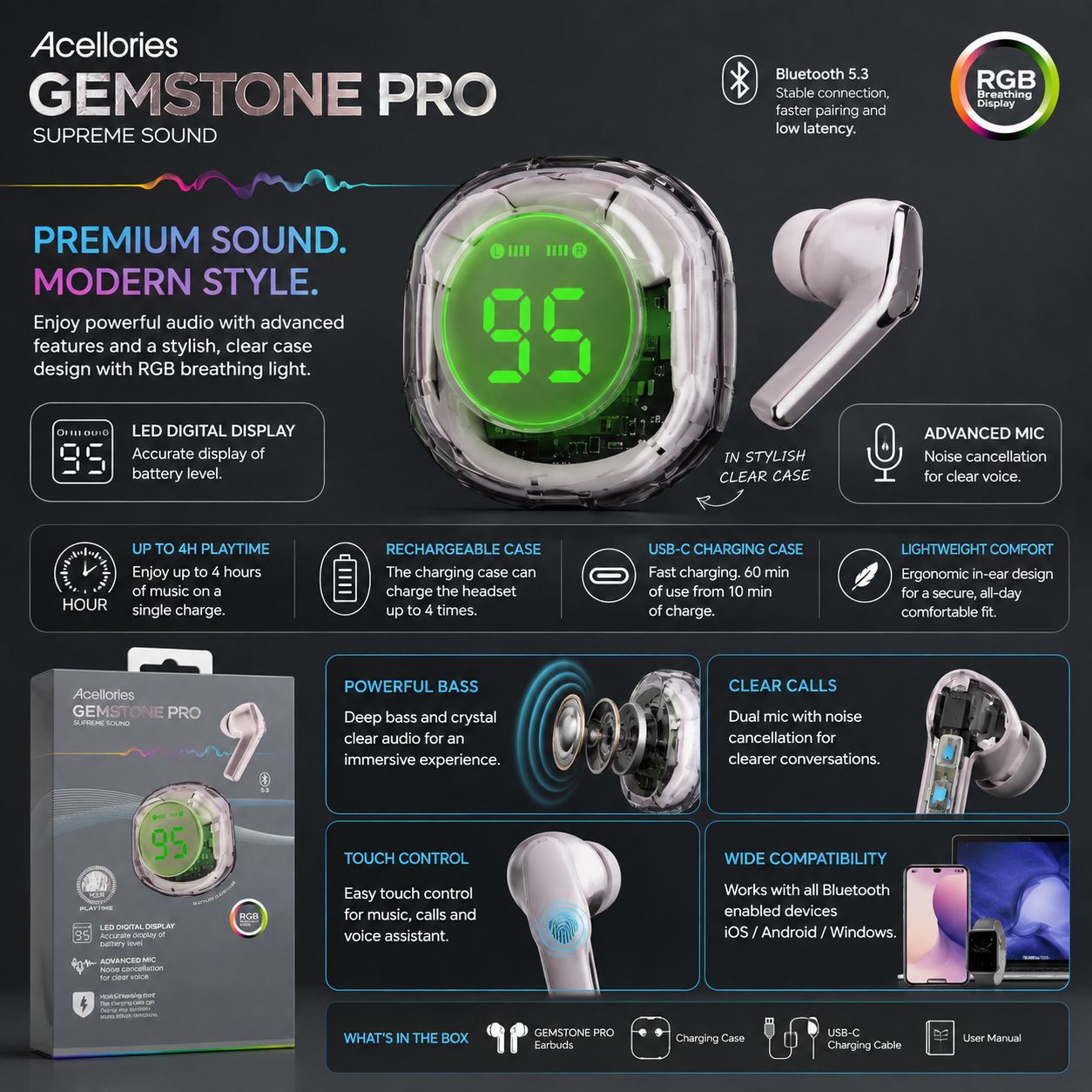Acellories GEMSTONE PRO True Wireless Earbuds – Bluetooth 5.3 with LED Digital Display & RGB Charging Case