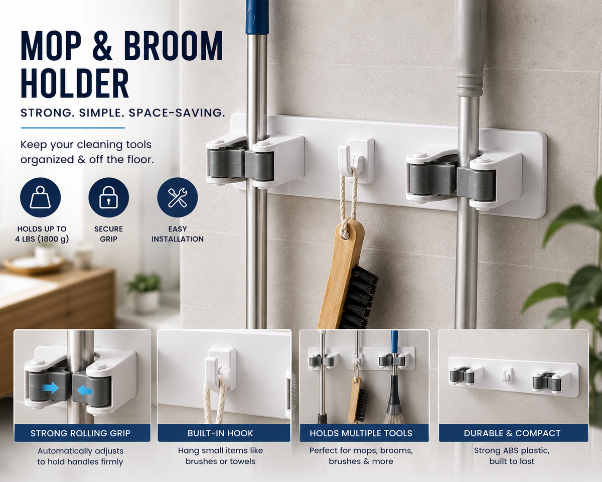 Wall Mounted Mop & Broom Holder Organizer with 2 Rolling Grips & Utility Hook – Space Saving Cleaning Tool Storage Rack