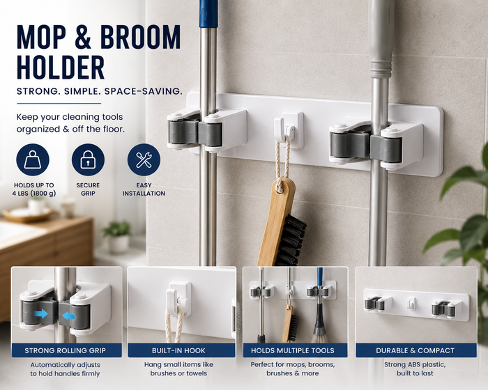 Wall Mounted Mop & Broom Holder Organizer with 2 Rolling Grips & Utility Hook – Space Saving Cleaning Tool Storage Rack