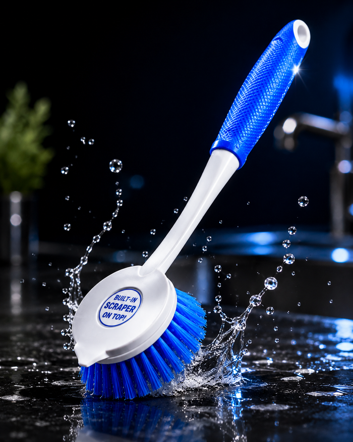 Long Handle Scrub Brush with Built-In Scraper – Heavy Duty Cleaning Brush for Kitchen, Bathroom & Household Cleaning