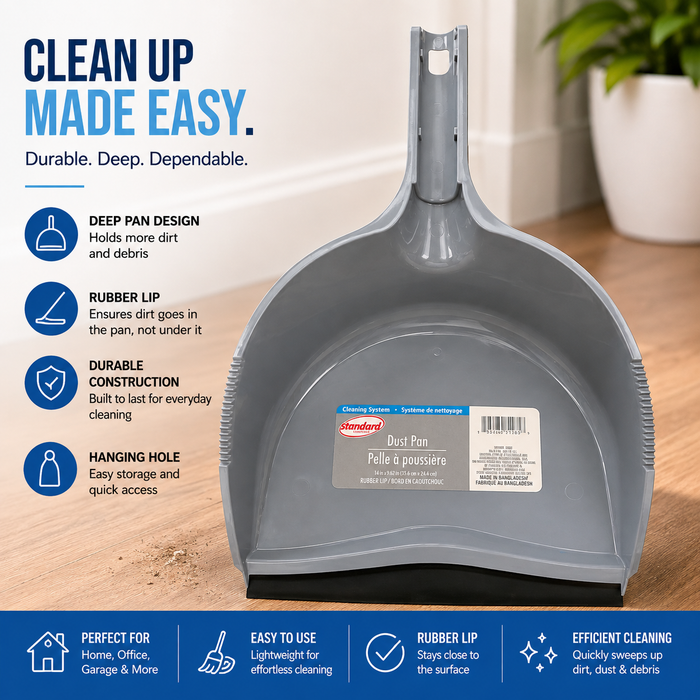 Heavy-Duty Gray Dust Pan with Rubber Lip – Large Household Cleaning Scoop