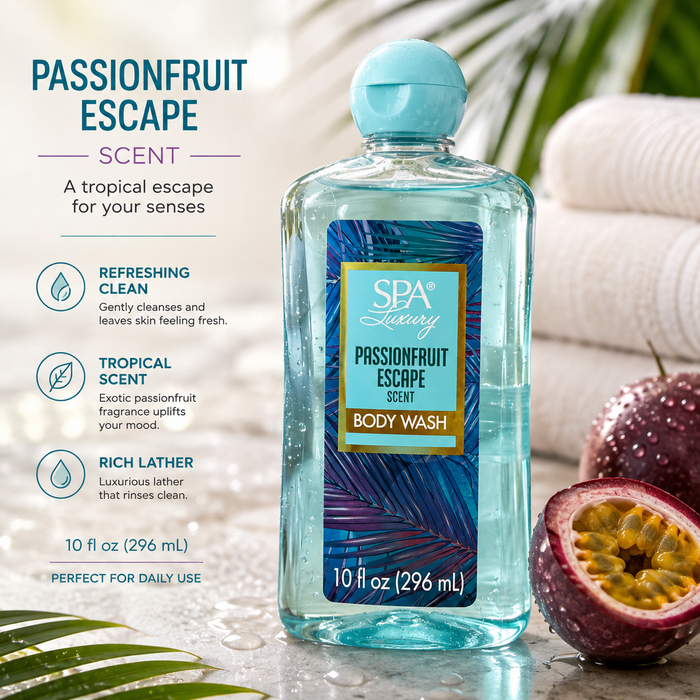 Spa Luxury Passionfruit Escape Body Wash – Tropical Scent – Refreshing Daily Cleanser – 10 fl oz