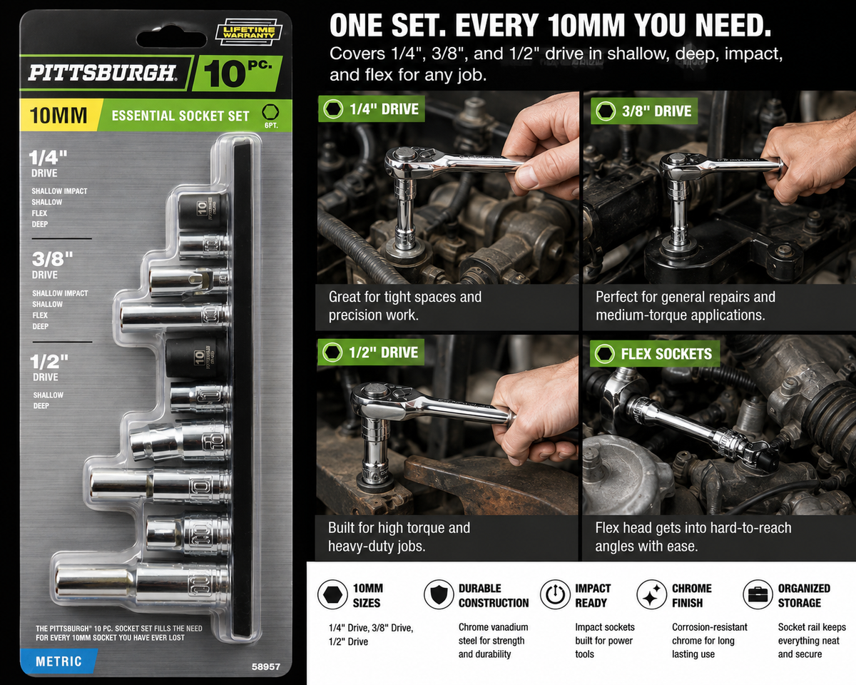 Pittsburgh 10-Piece 10mm Essential Socket Set – 1/4", 3/8" & 1/2" Drive