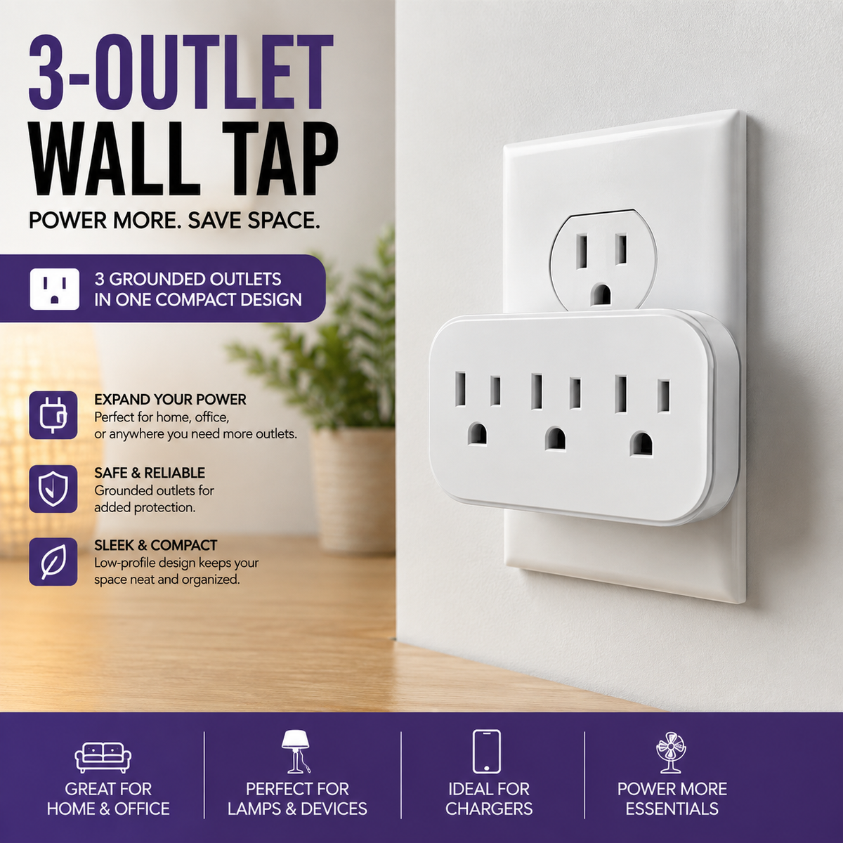 e-Circuit 3-Outlet Wall Tap – Grounded Indoor Outlet Adapter