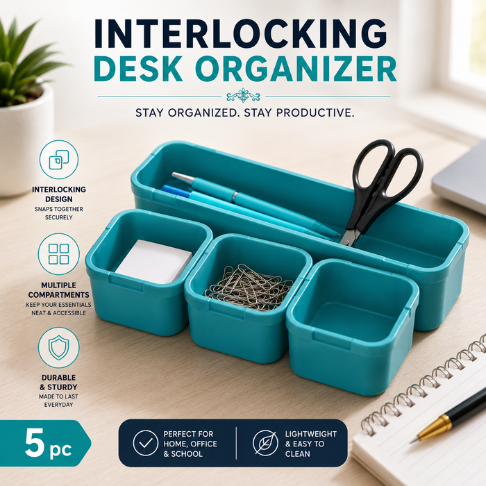 5-Piece Interlocking Desk Organizer Set – Teal Modular Storage Trays