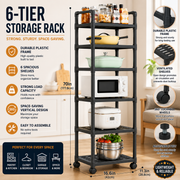 6-Tier Rolling Storage Rack – Space-Saving Plastic Organizer with Wheels