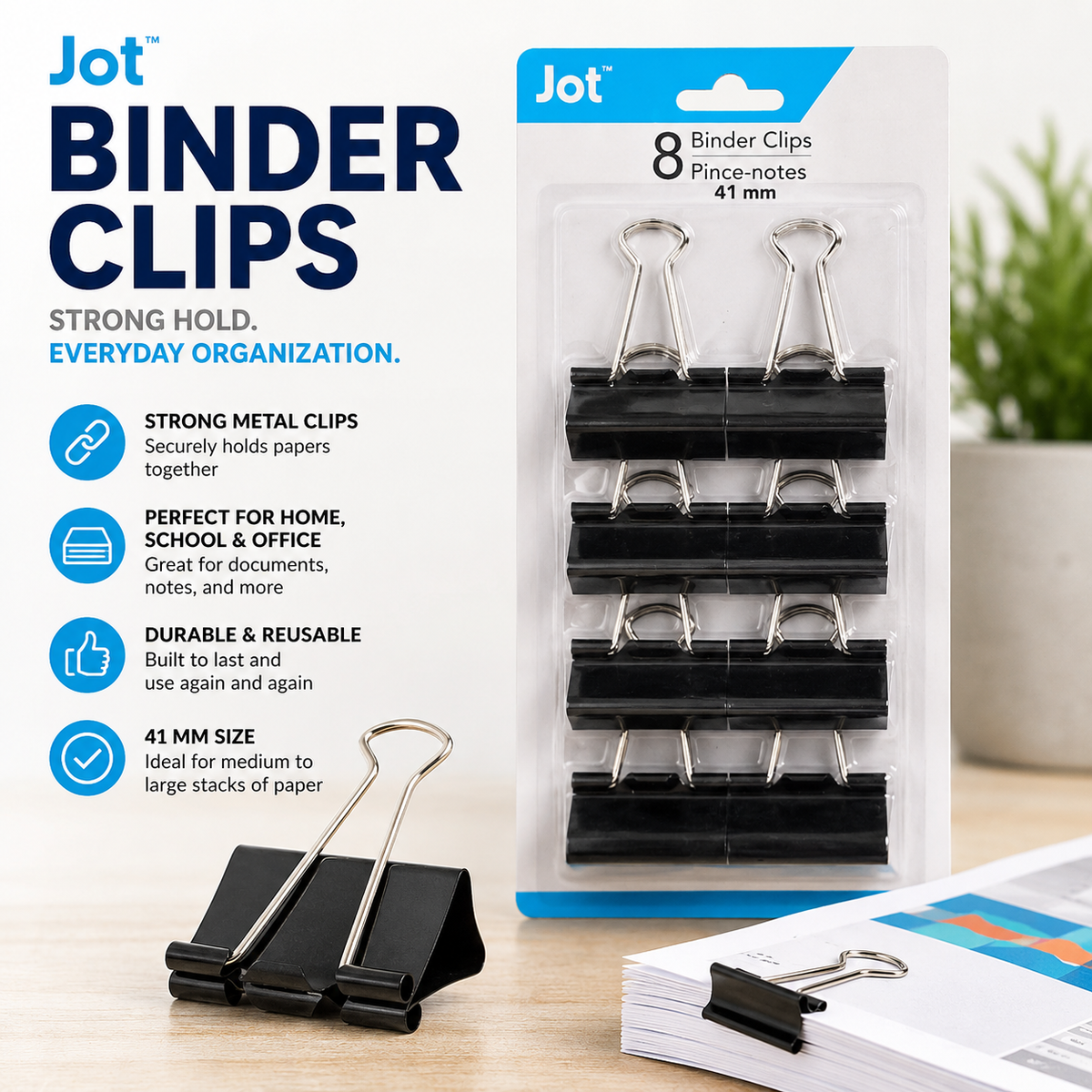 Jot 41mm Black Binder Clips – 8 Count Heavy-Duty Paper Clips