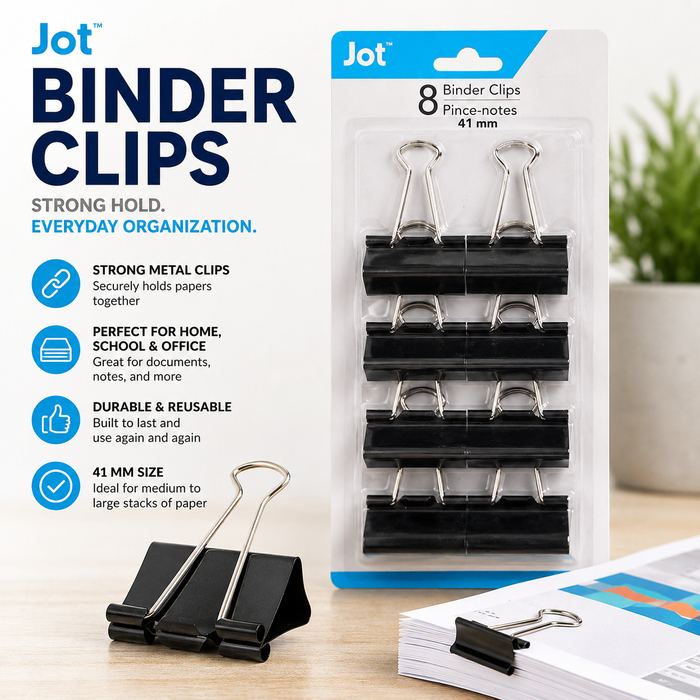 Jot 41mm Black Binder Clips – 8 Count Heavy-Duty Paper Clips