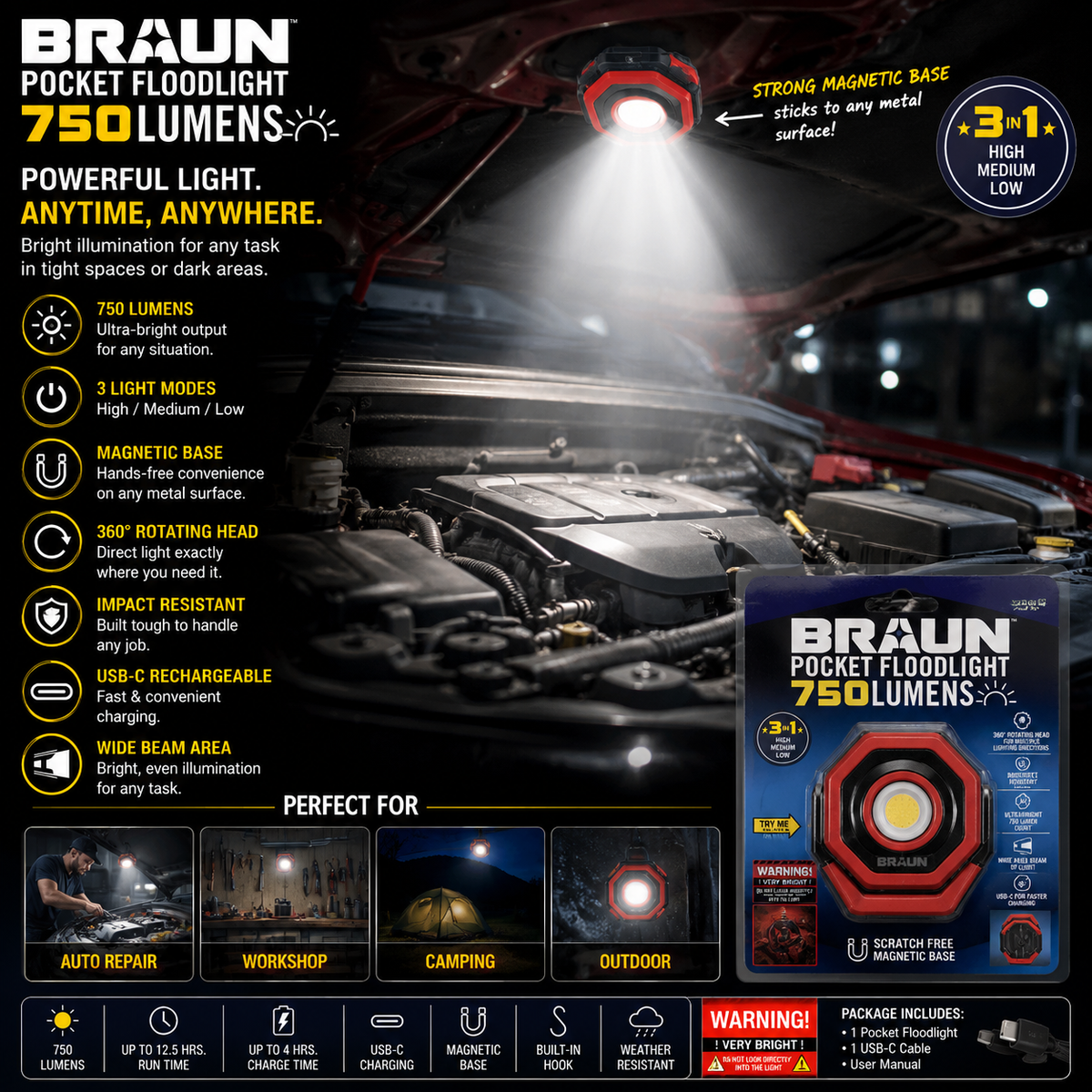 BRAUN 750 Lumen Pocket Floodlight – Rechargeable Magnetic LED Work Light with Rotating Head