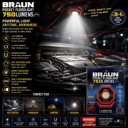 BRAUN 750 Lumen Pocket Floodlight – Rechargeable Magnetic LED Work Light with Rotating Head