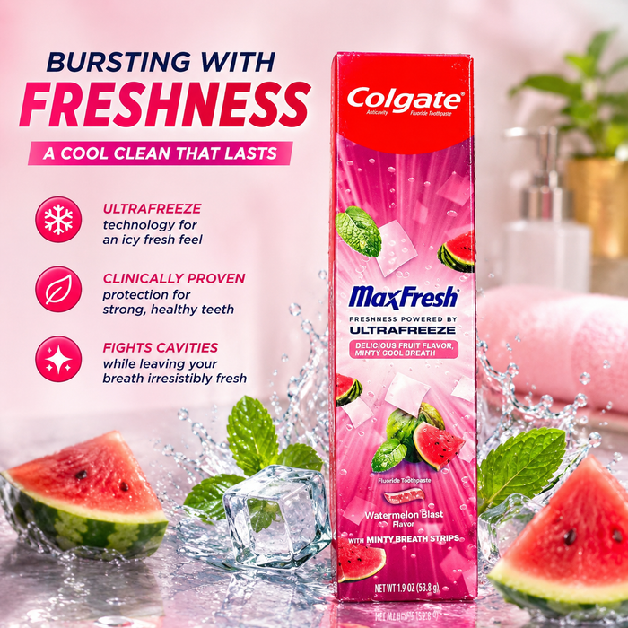 Colgate MaxFresh Watermelon Blast Fluoride Toothpaste with Minty Breath Strips – 1.9 oz