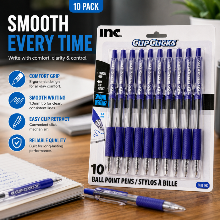 Inc. ClipClicks Retractable Ballpoint Pens – 10 Pack, 1.0mm Blue Ink