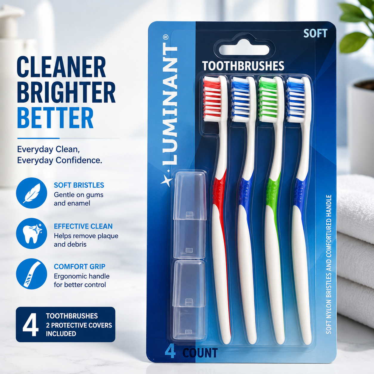 Luminant Soft Toothbrush Set – 4 Pack with 2 Protective Travel Covers – Soft Nylon Bristles