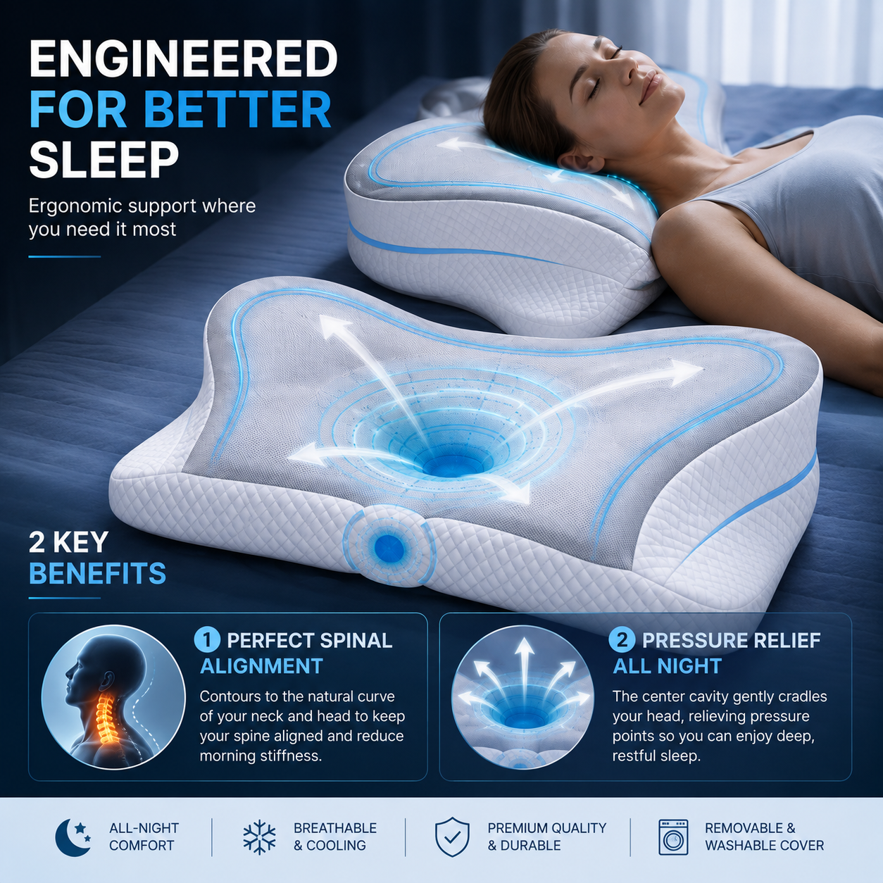 Ergonomic Cervical Memory Foam Neck Pillow – Contoured Support for Back & Side Sleepers