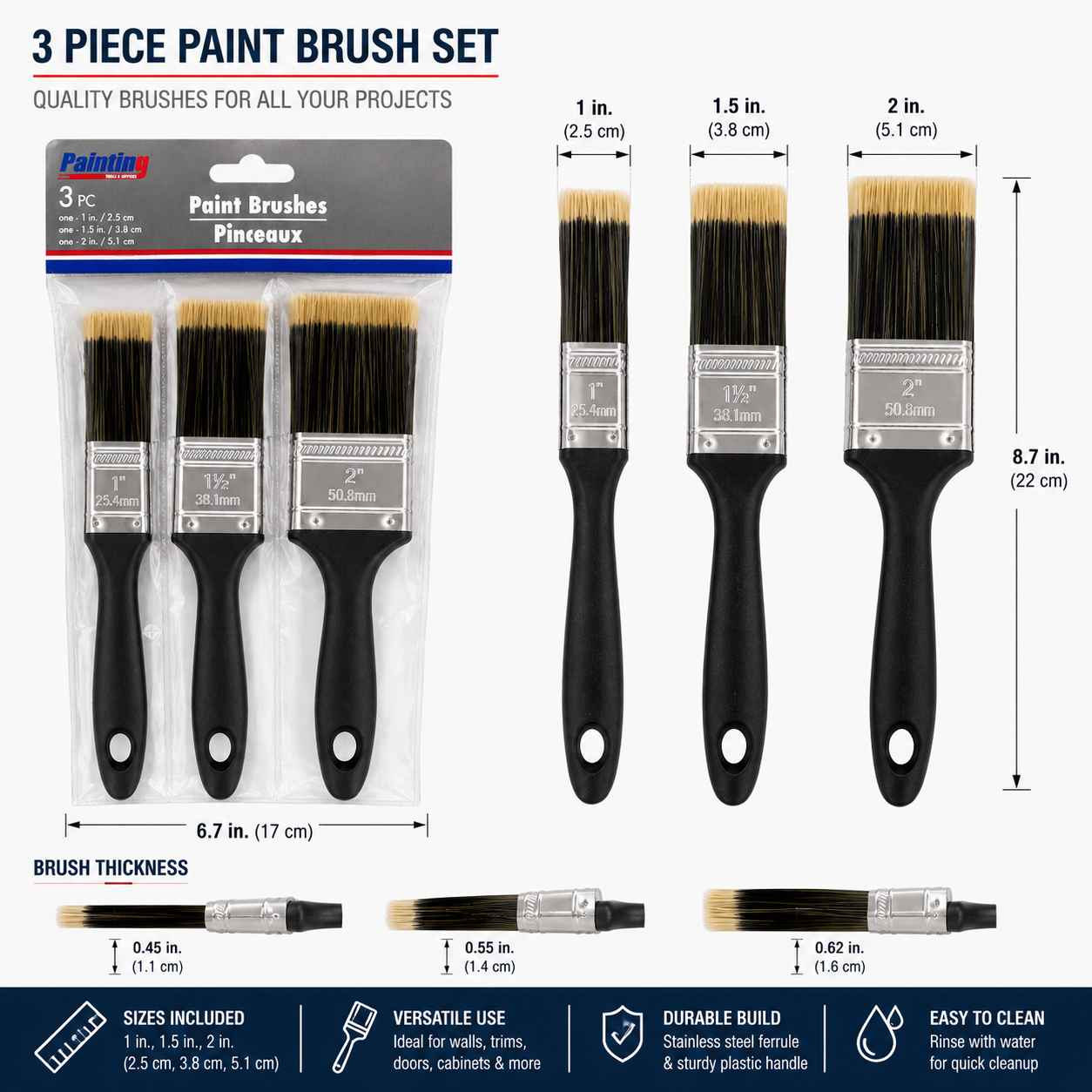 3-Piece Paint Brush Set – 1", 1.5" & 2" Brushes for Walls, Trim & DIY Projects