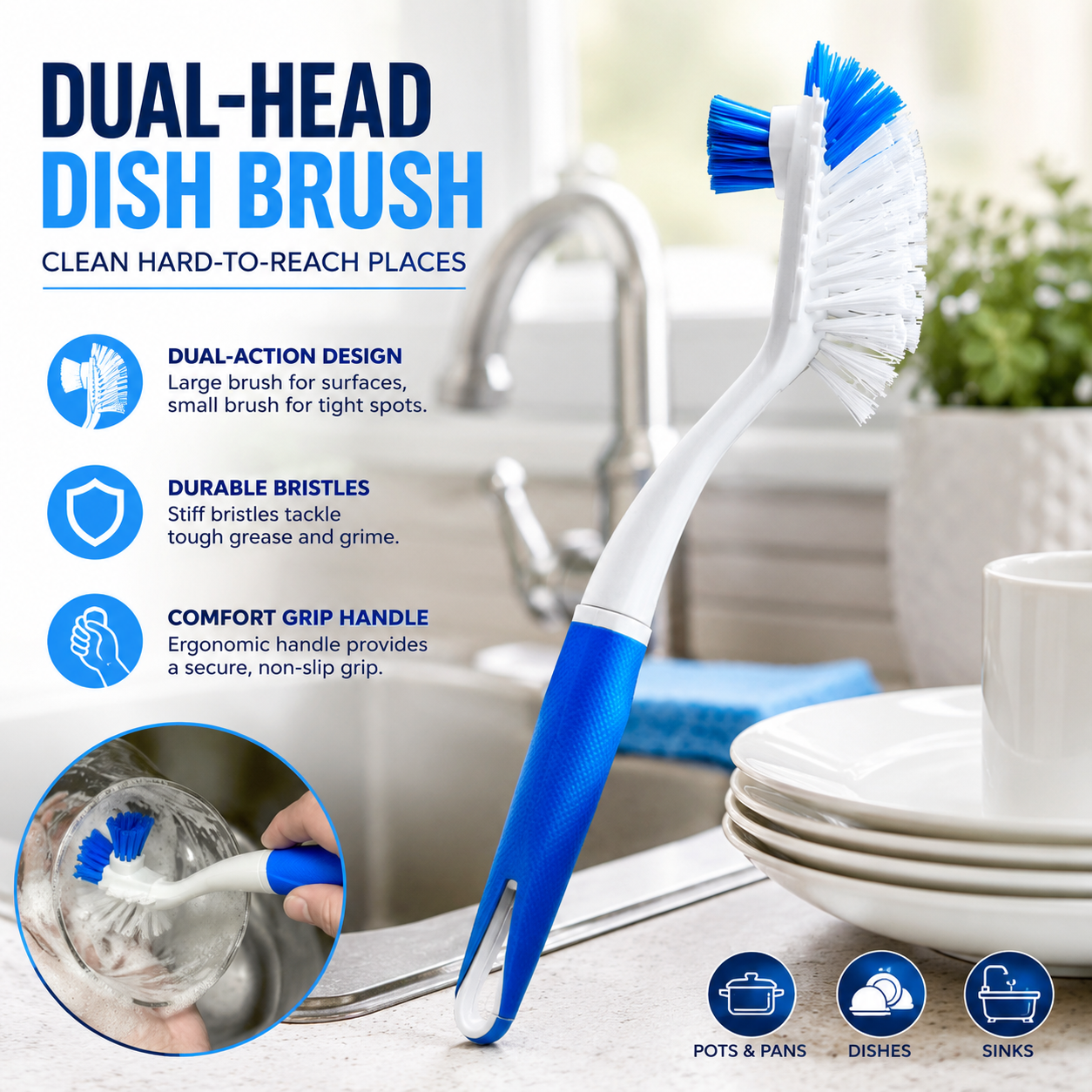 Dual-Head Dish Brush – Heavy-Duty Kitchen Cleaning Brush with Comfort Grip Handle