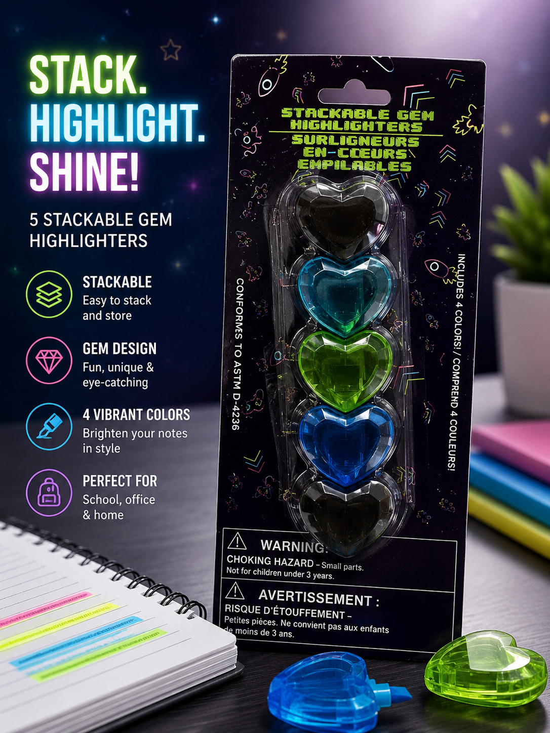 Stackable Heart-Shaped Gem Highlighters – 4 Colors