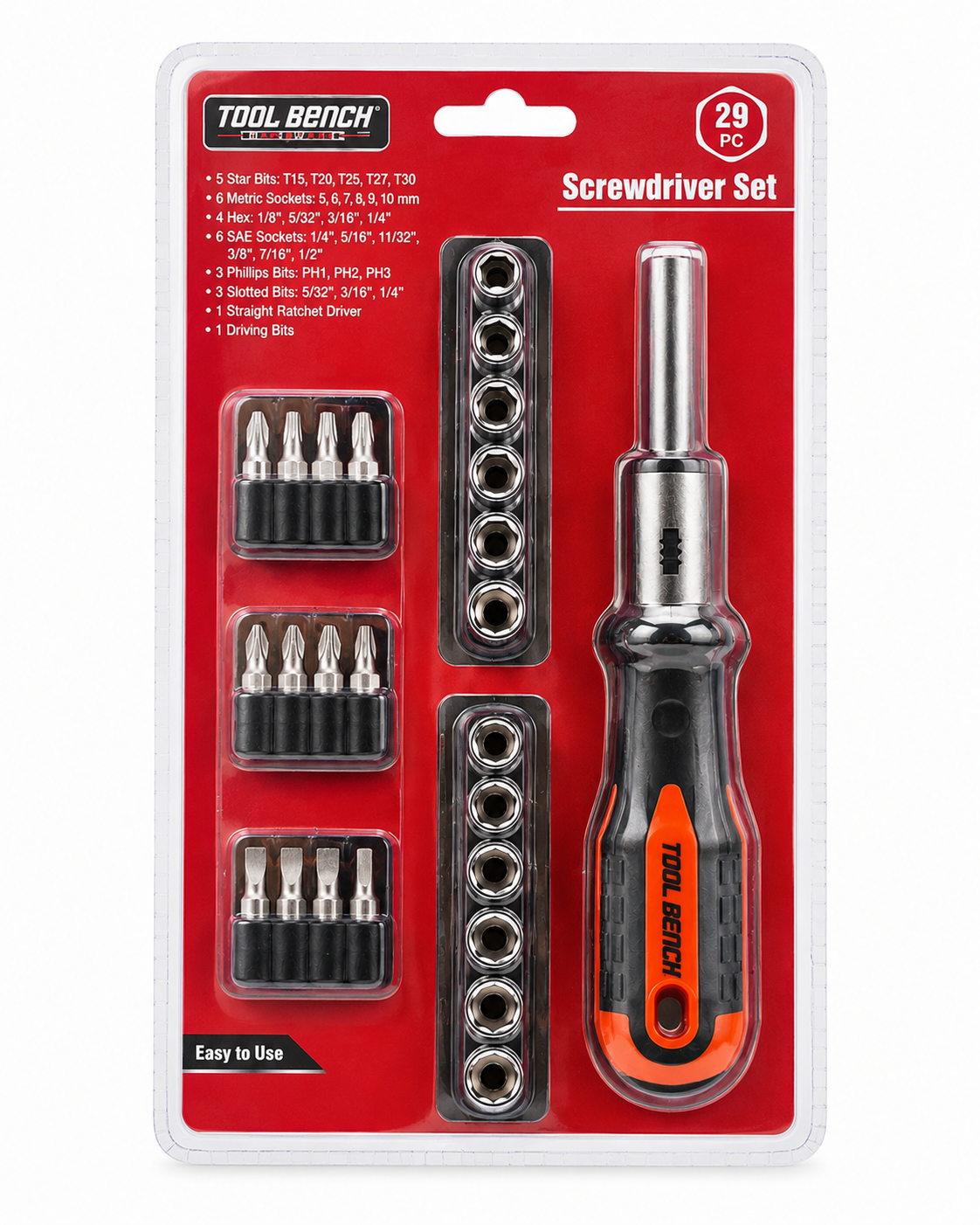29-Piece Ratcheting Screwdriver Set – Multi-Bit Driver with SAE & Metric Sockets