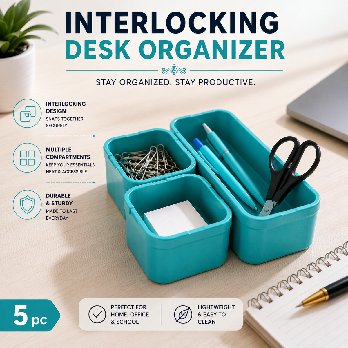 5-Piece Interlocking Desk Organizer Set – Teal Modular Storage Trays