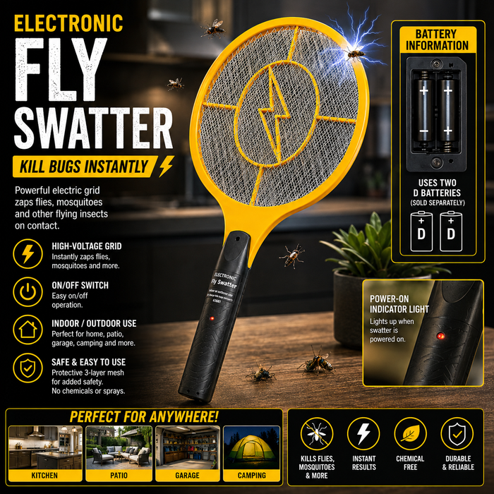 Electronic Fly Swatter – Battery Powered Bug Zapper Racket for Indoor & Outdoor Use