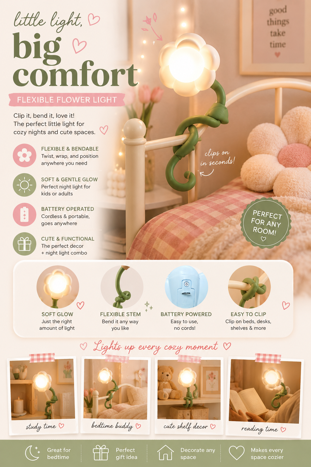 Flexible Flower Bedside Night Light – Bendable Warm & White LED Lamp