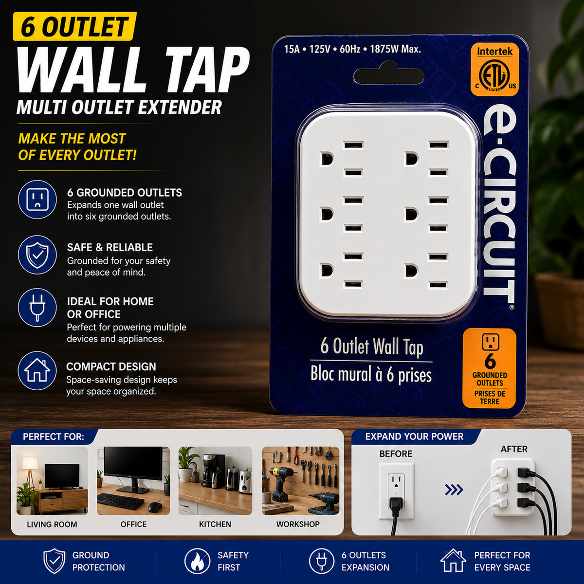 e-Circuit 6-Outlet Wall Tap – Grounded Multi-Outlet Extender, 15A 125V