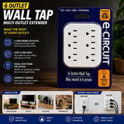 e-Circuit 6-Outlet Wall Tap – Grounded Multi-Outlet Extender, 15A 125V