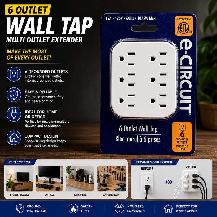e-Circuit 6-Outlet Wall Tap – Grounded Multi-Outlet Extender, 15A 125V