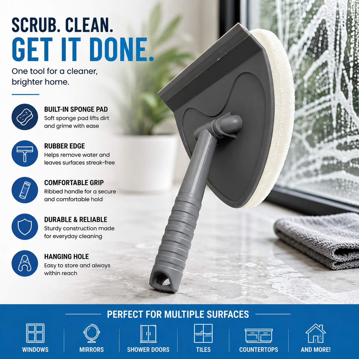 Handheld Multi-Surface Cleaning Scrubber with Sponge & Squeegee
