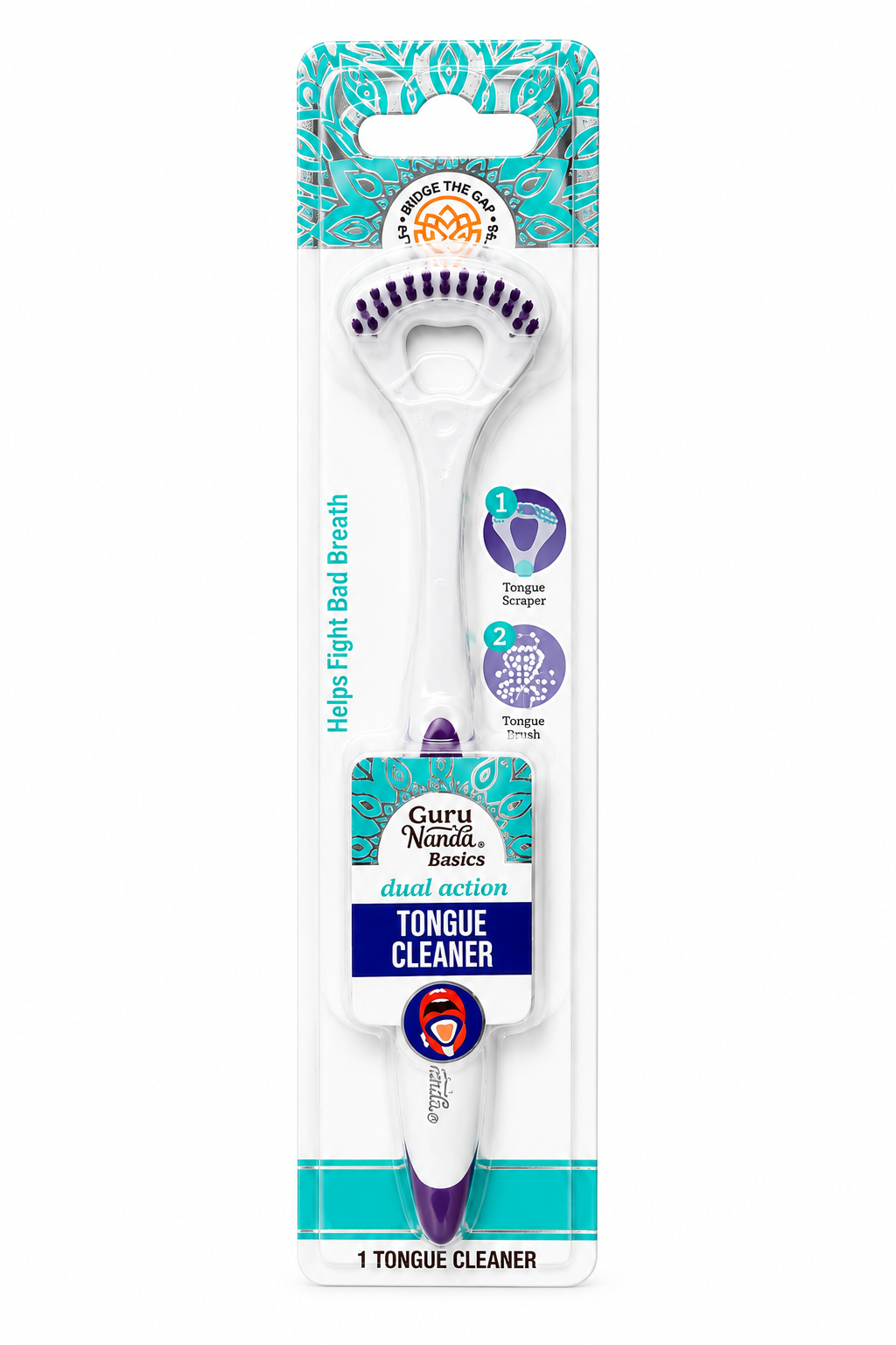 Guru Nanda Basics Dual Action Tongue Cleaner – Tongue Scraper & Brush for Fresh Breath – 1 Count