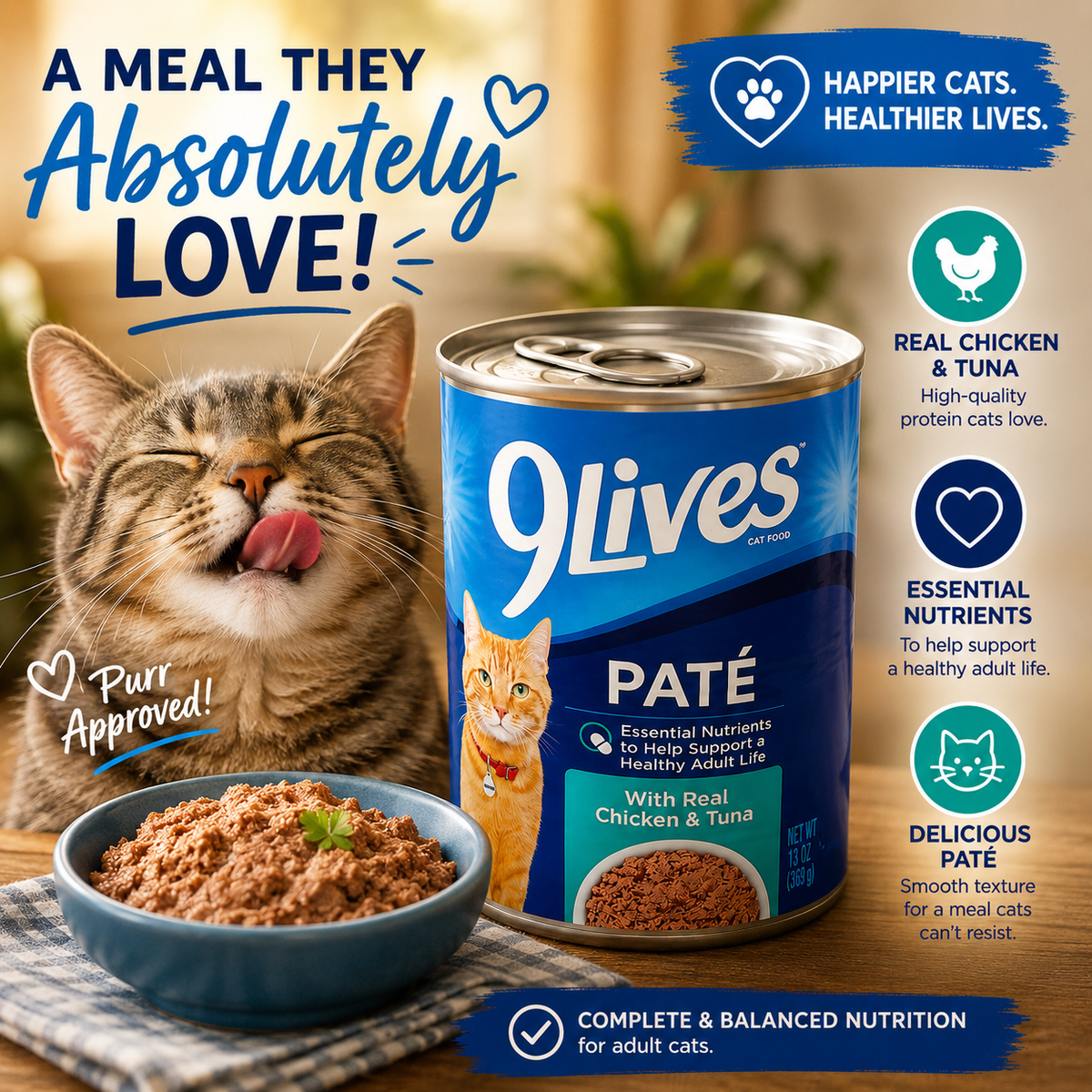 9Lives Pâté Wet Cat Food with Real Chicken & Tuna – 13 oz