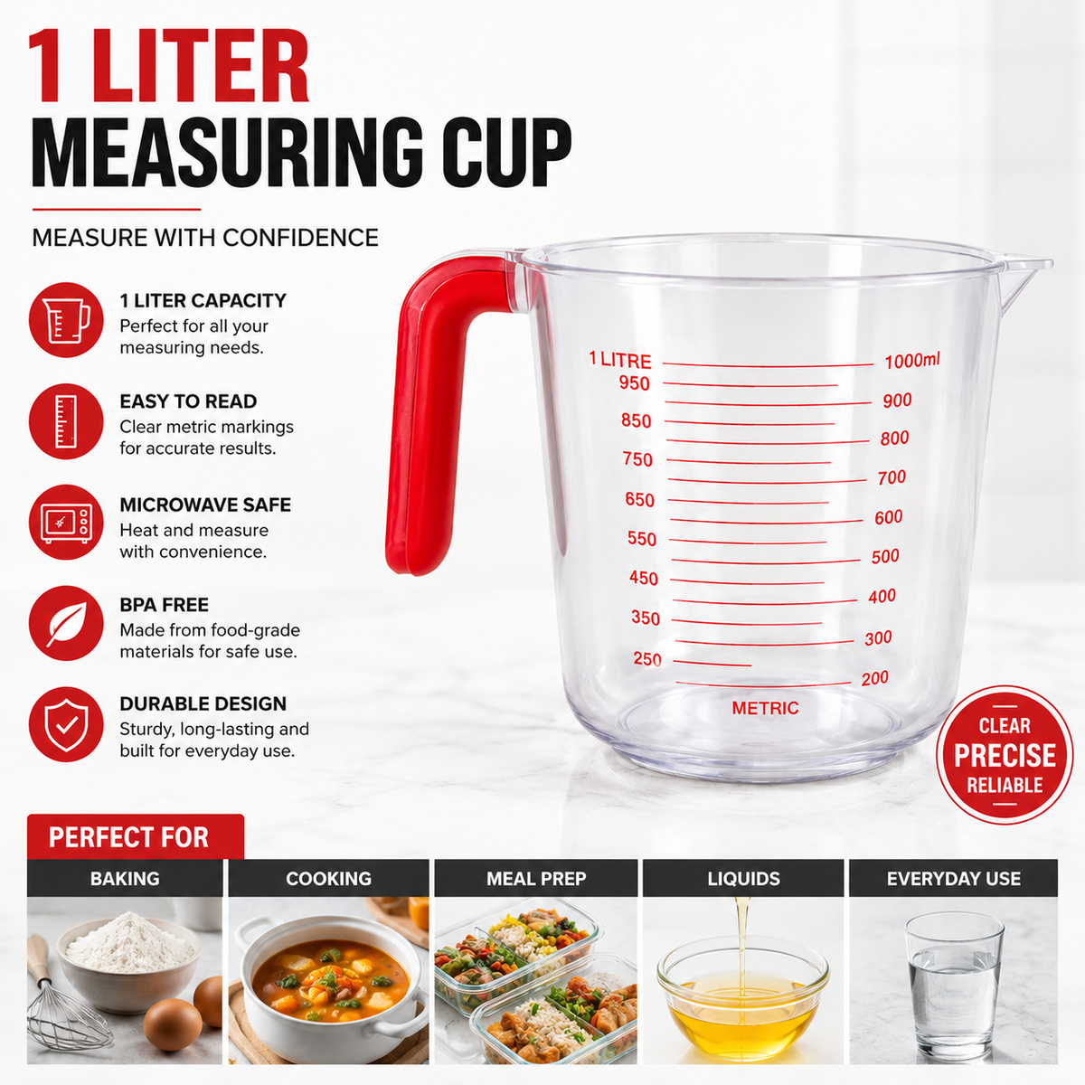 1 Liter Clear Measuring Cup with Red Handle & Metric Markings