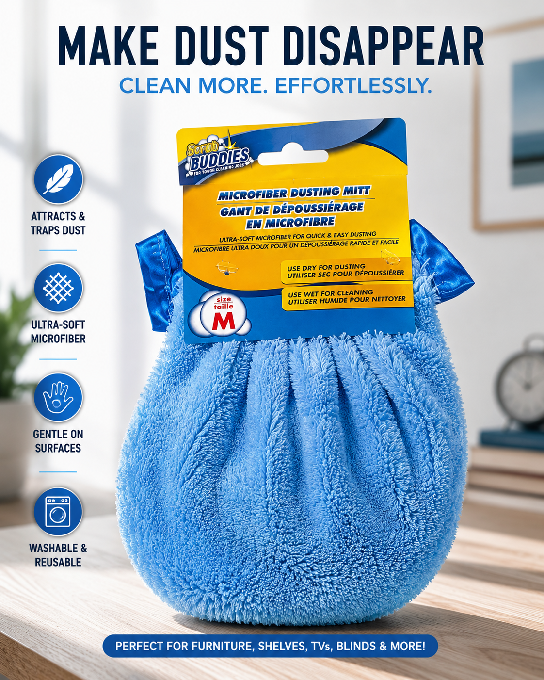 Microfiber Dusting Mitt – Ultra-Soft Washable Cleaning Glove for Furniture, Blinds, Shelves & Electronics