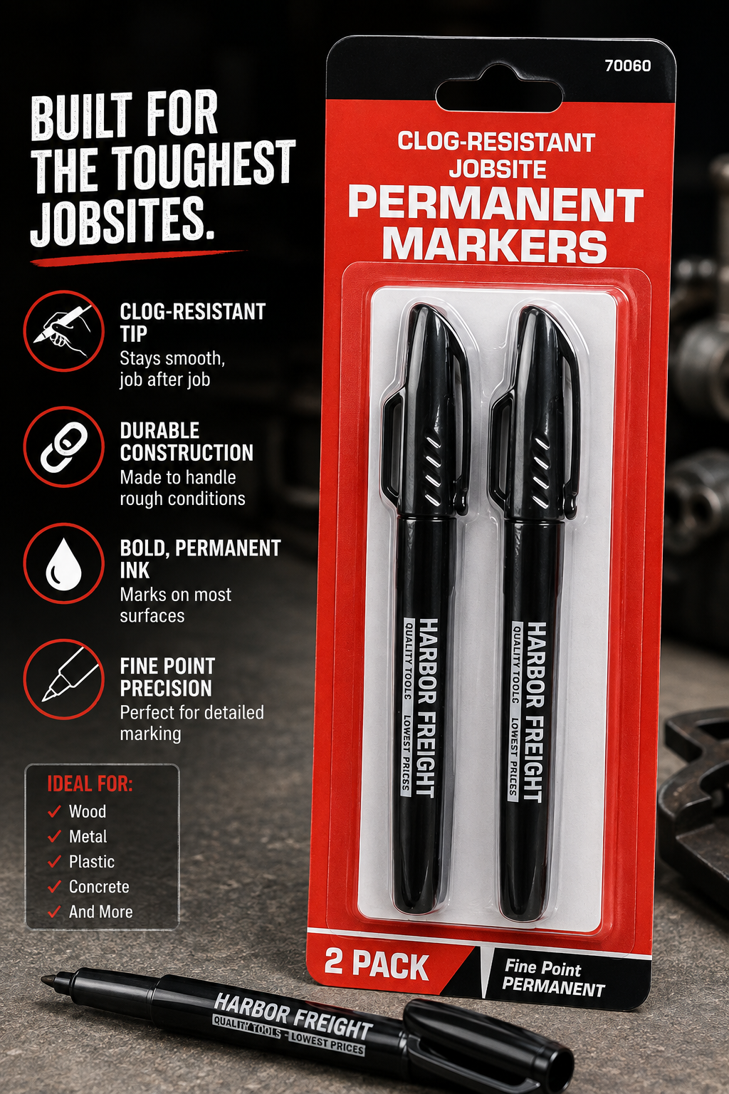 2-Pack Clog-Resistant Permanent Jobsite Markers – Fine Point, Long-Lasting Ink for Wood, Metal, Plastic & Concrete