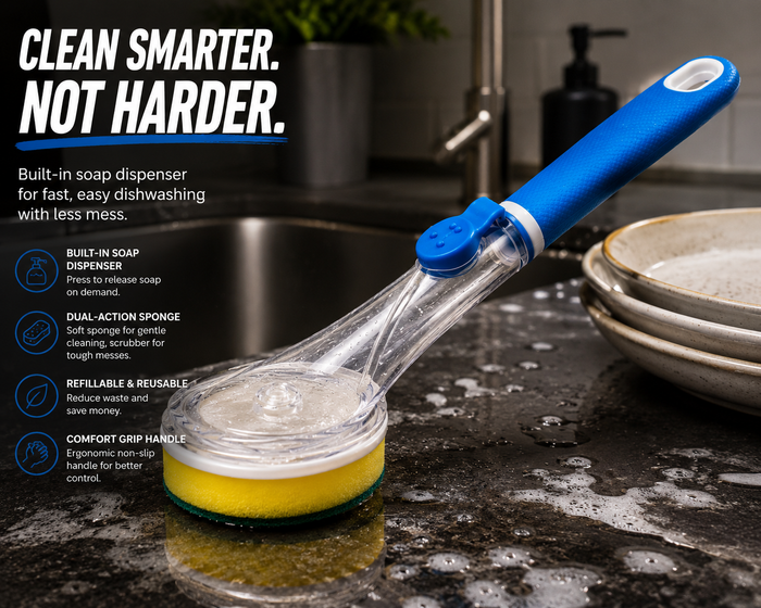 Soap Dispensing Dish Brush with Refillable Handle – Built-In Soap Dispenser Kitchen Scrubber Sponge for Dishes, Pots & Pans