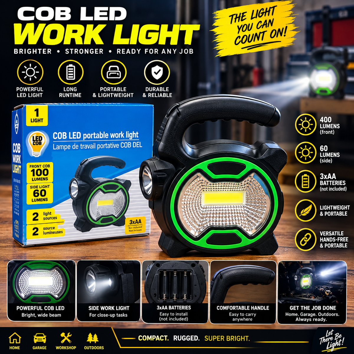 COB LED Portable Work Light – Dual Light 100 & 60 Lumens