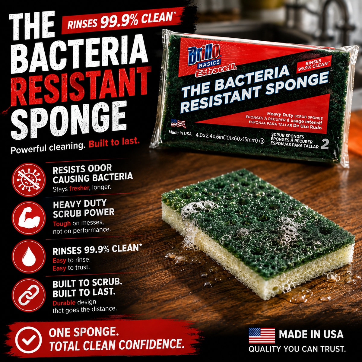 Brillo Basics Estracell Heavy Duty Bacteria Resistant Scrub Sponges – 2 Pack