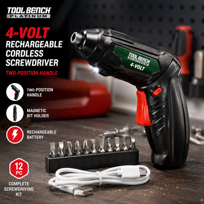 Tool Bench Platinum 4-Volt Rechargeable Cordless Screwdriver Kit – 12 Piece Set