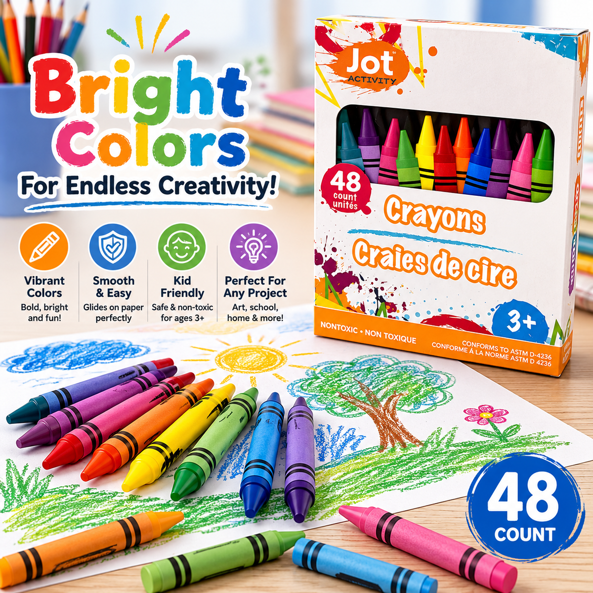 Jot Activity Crayons – 48 Count Assorted Colors, Non-Toxic