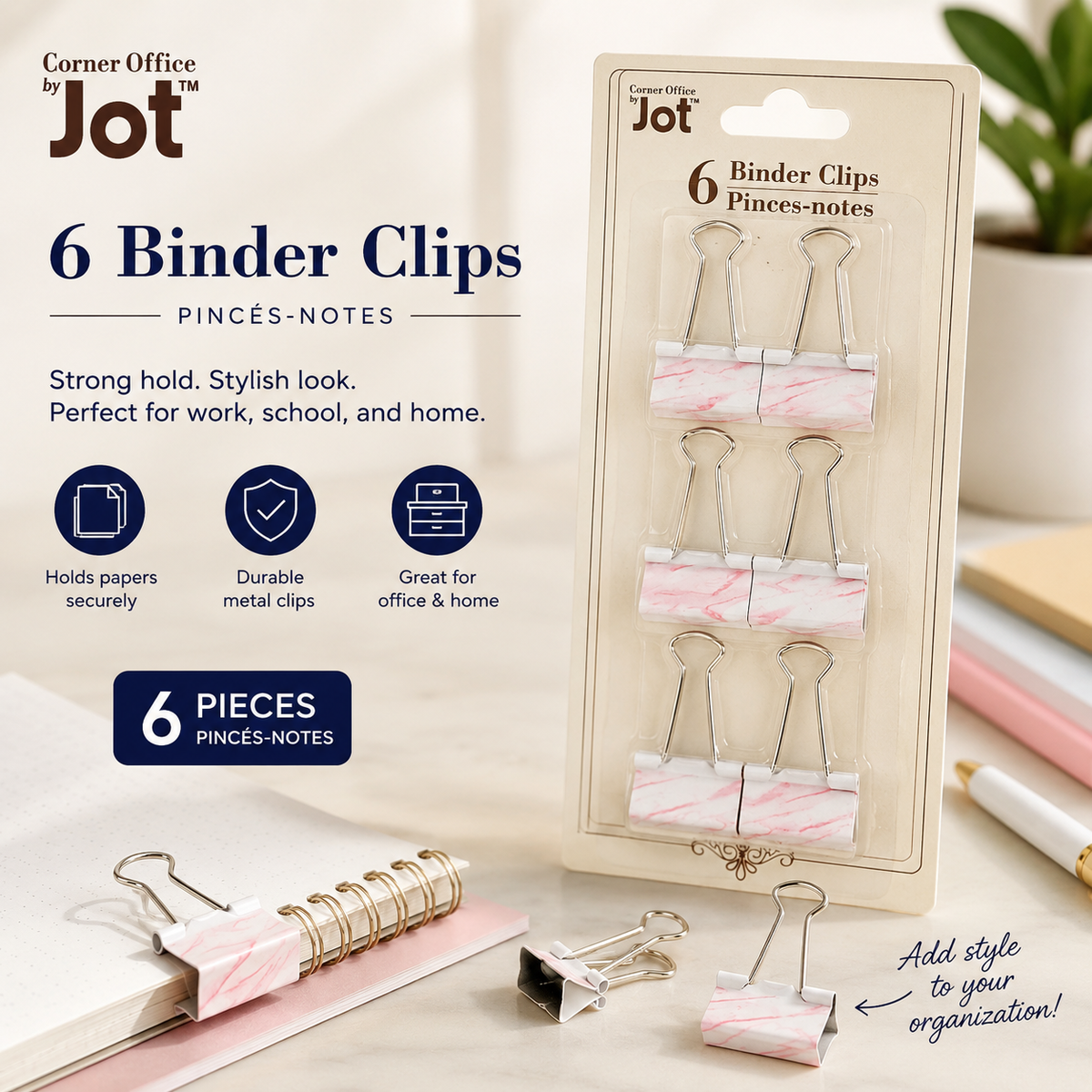 Jot 6-Piece Decorative Binder Clips – Pink Marble Office & School Clips