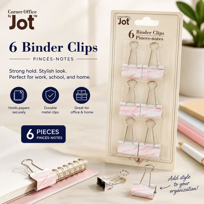 Jot 6-Piece Decorative Binder Clips – Pink Marble Office & School Clips