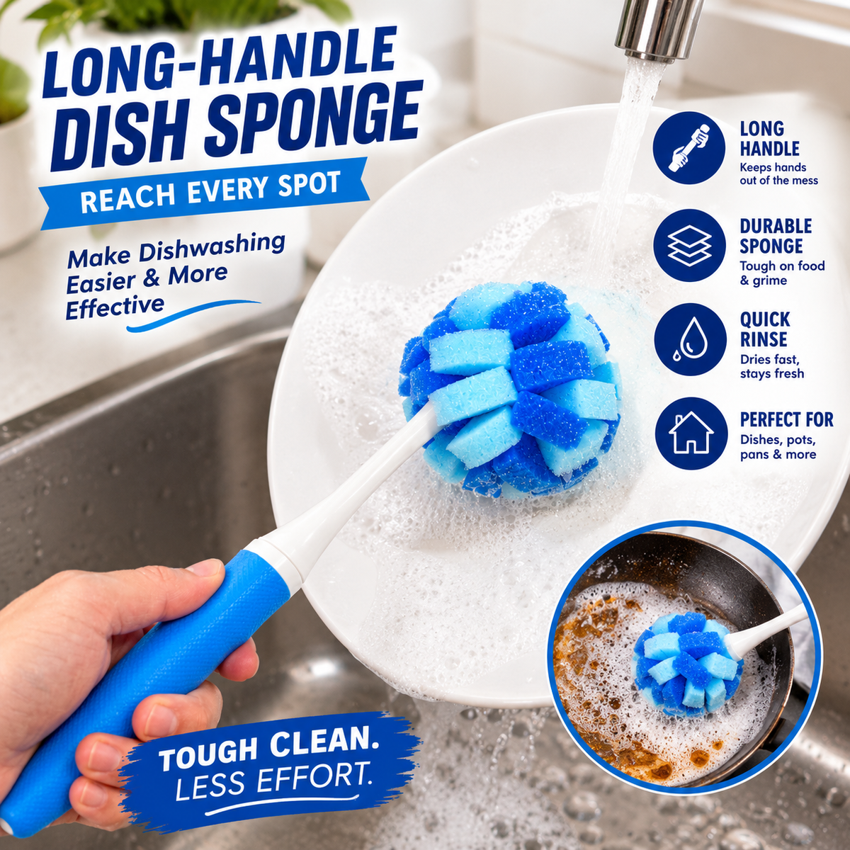 Long Handle Dish Scrubber – Blue Sponge Cleaning Brush for Dishes, Pots & Pans